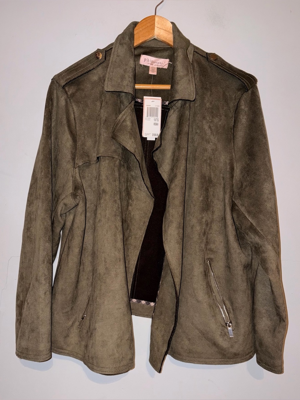 Philosophy Faux Leather Suede open Front Drape Jacket sz 1X NEW!